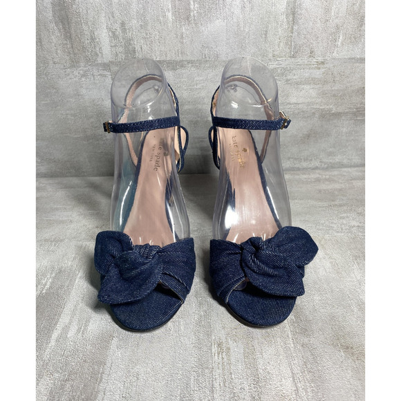 Kate Spade Ilya Strappy Heels Womens Size 6.5 Blue Denim Bow Stiletto Open Toe - Picture 1 of 16